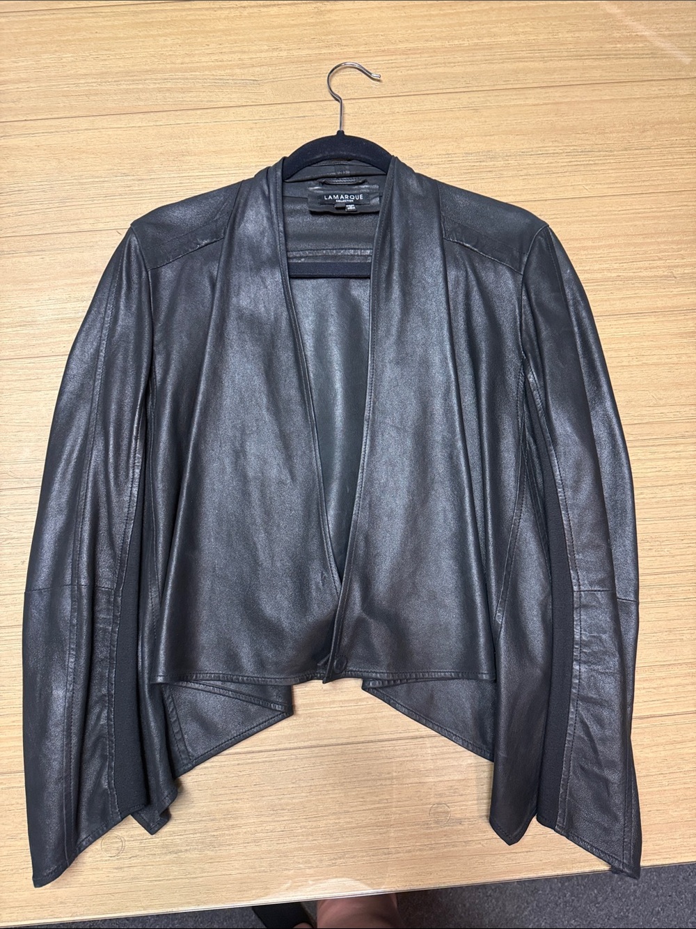 Lamarque Black Draped Leather Open-Front Jacket
